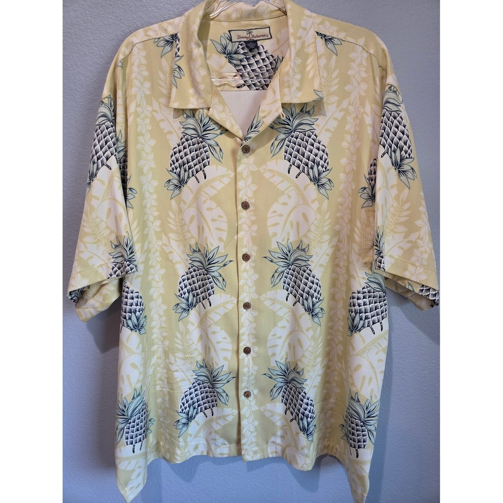 Tommy Bahama Button Down Shirt Womens XL Yellow Silk Pineapple Tropical Exc